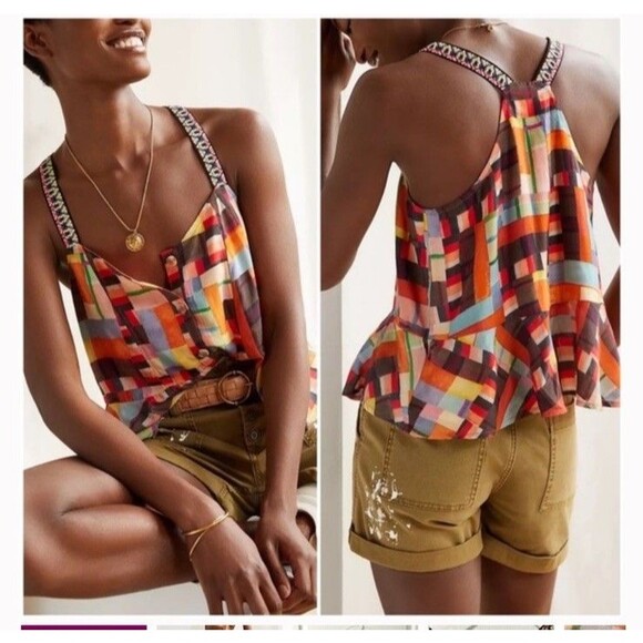 Anthropologie Pilcro Abstract Peplum Multicolor Geometric Tank Top Sz XS - Picture 1 of 7